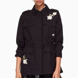 Kate Spade Floral Embroidered Ruffle Utility Jacket Dark Gray Cotton Size XS